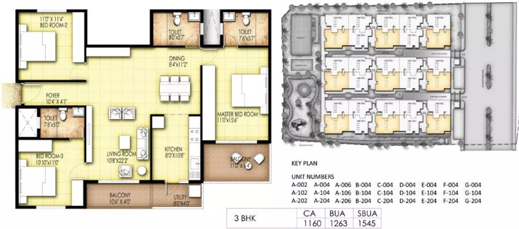 Floor plan of 3 BHK 1545 Sq. Ft. Apartment in Suvastu King George Avenue, Bangalore