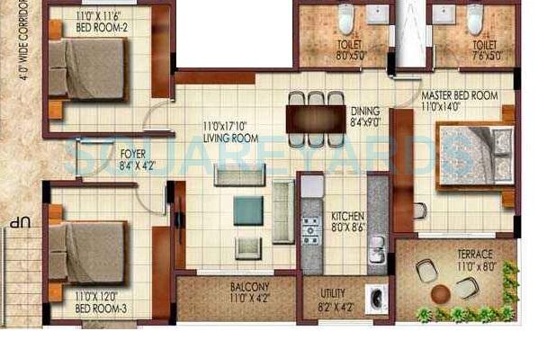Floor plan of 3 BHK 1310 Sq. Ft. Apartment in Suvastu King George Avenue, Bangalore