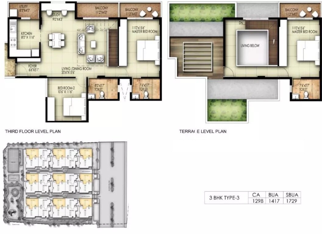 Floor plan of 3 BHK 1729 Sq. Ft. Apartment in Suvastu King George Avenue, Bangalore