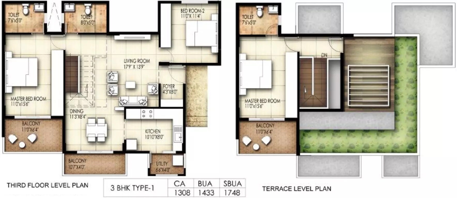 Floor plan of 3 BHK 1748 Sq. Ft. Apartment in Suvastu King George Avenue, Bangalore