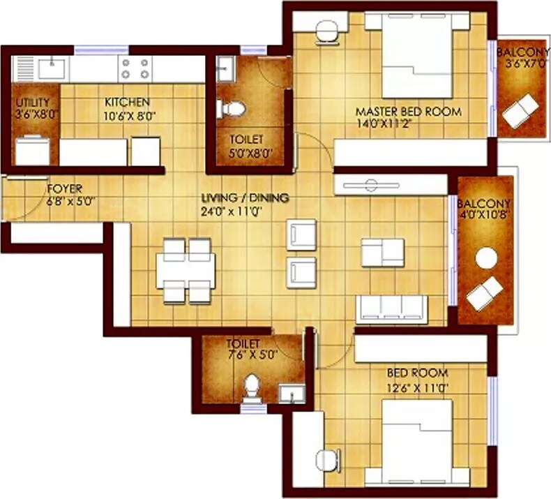 Floor plan of 2 BHK 1180 Sq. Ft. Apartment in Suvastu Kings Square, Bangalore