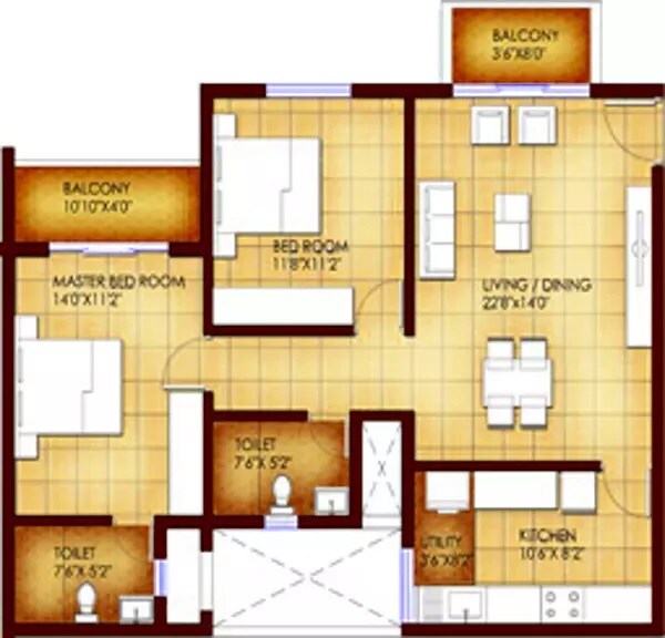 Floor plan of 2 BHK 1190 Sq. Ft. Apartment in Suvastu Kings Square, Bangalore