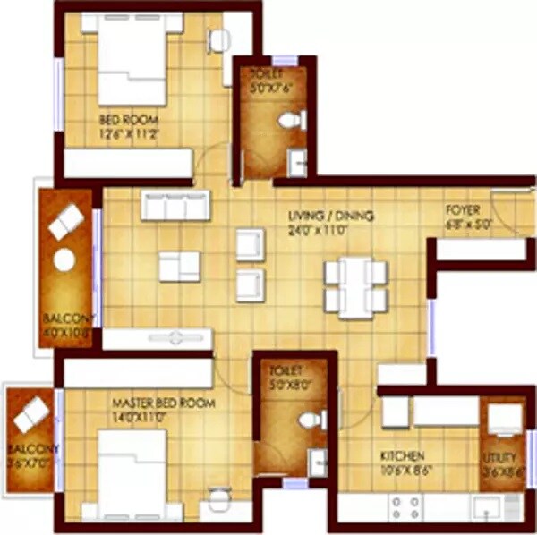 Floor plan of 2 BHK 1200 Sq. Ft. Apartment in Suvastu Kings Square, Bangalore