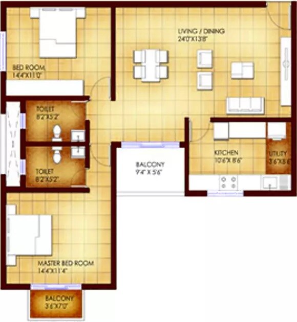 Floor plan of 2 BHK 1325 Sq. Ft. Apartment in Suvastu Kings Square, Bangalore