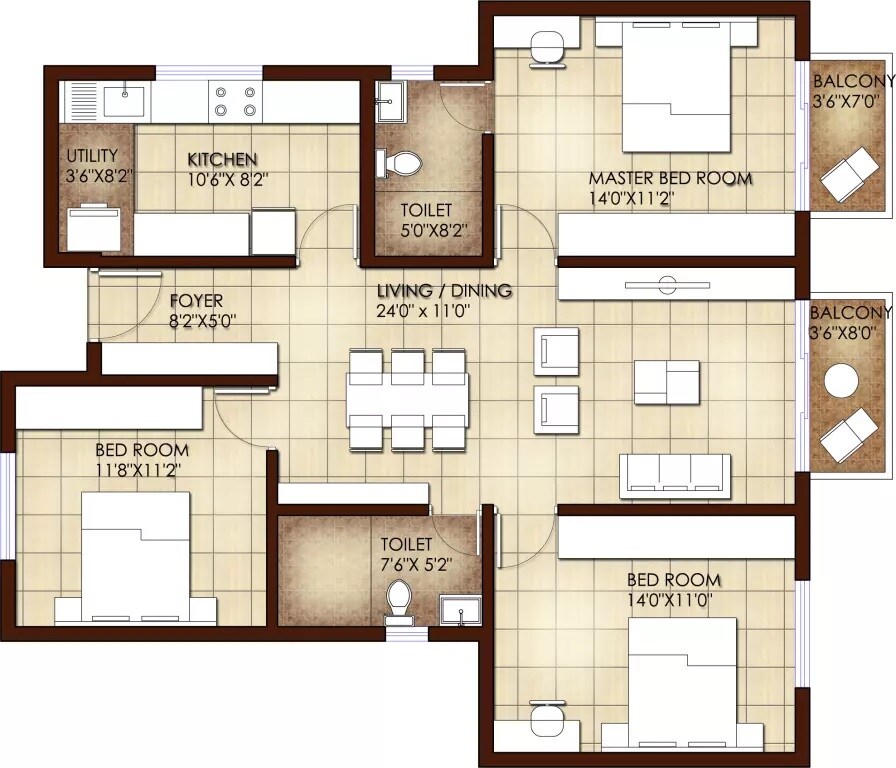 Floor plan of 3 BHK 1360 Sq. Ft. Apartment in Suvastu Kings Square, Bangalore