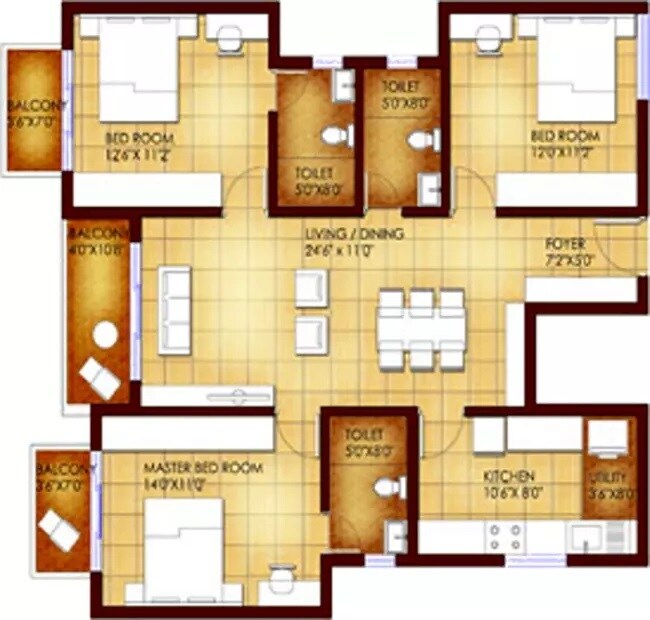 Floor plan of 3 BHK 1450 Sq. Ft. Apartment in Suvastu Kings Square, Bangalore