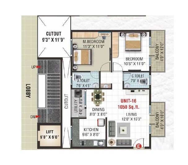 Floor plan of 2 BHK 1050 Sq. Ft. Apartment in Suvrith Sadan, Bangalore