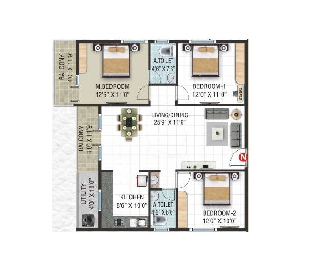 Floor plan of 3 BHK 1325 Sq. Ft. Apartment in Suvrith Sadan, Bangalore