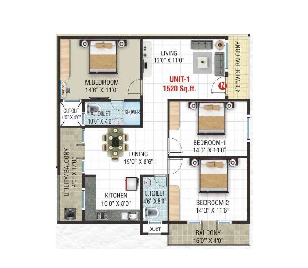 Floor plan of 3 BHK 1520 Sq. Ft. Apartment in Suvrith Sadan, Bangalore