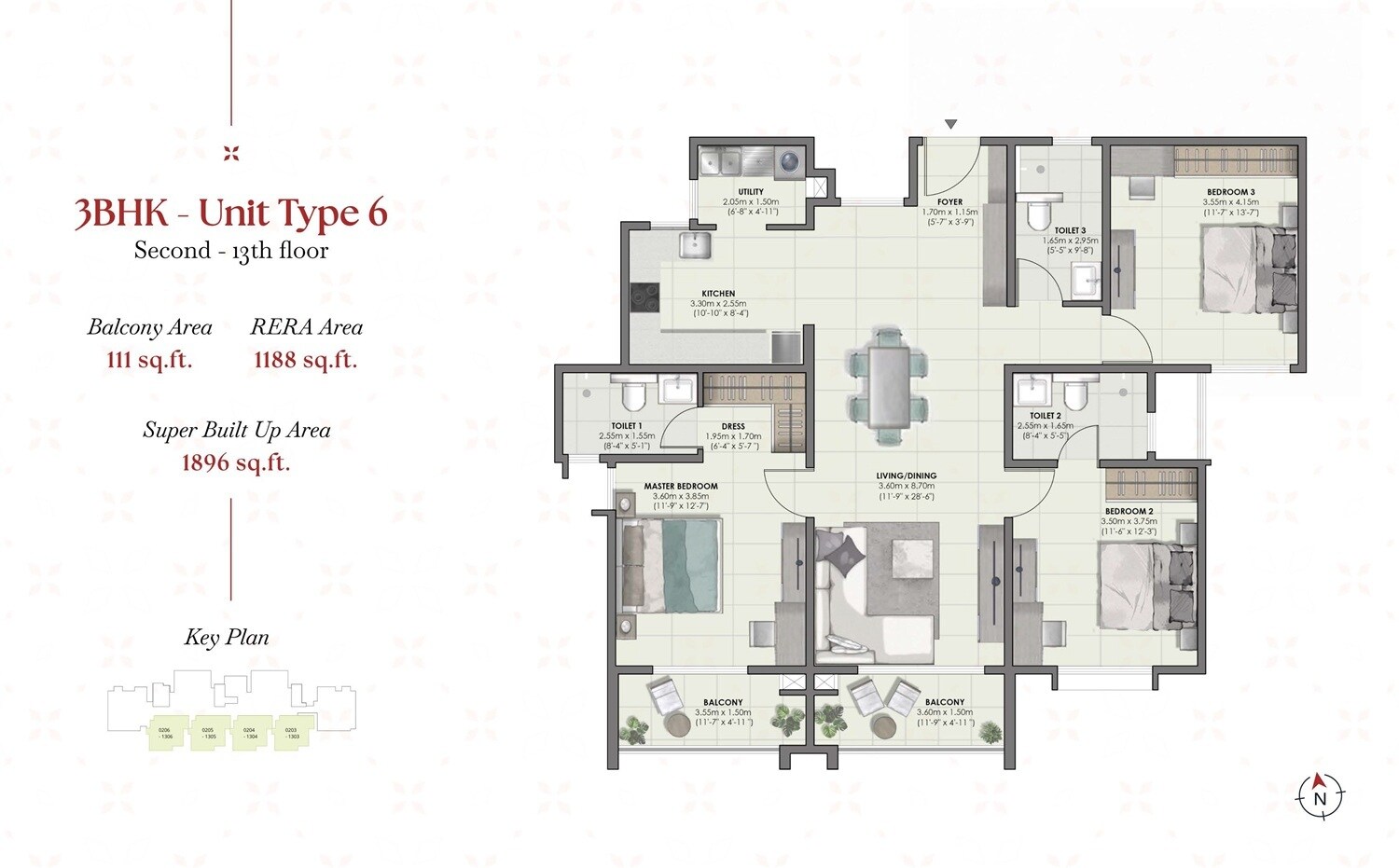 Floor plan of 3 BHK 1896 Sq. Ft. Apartment in Suyug Saffron, Bangalore