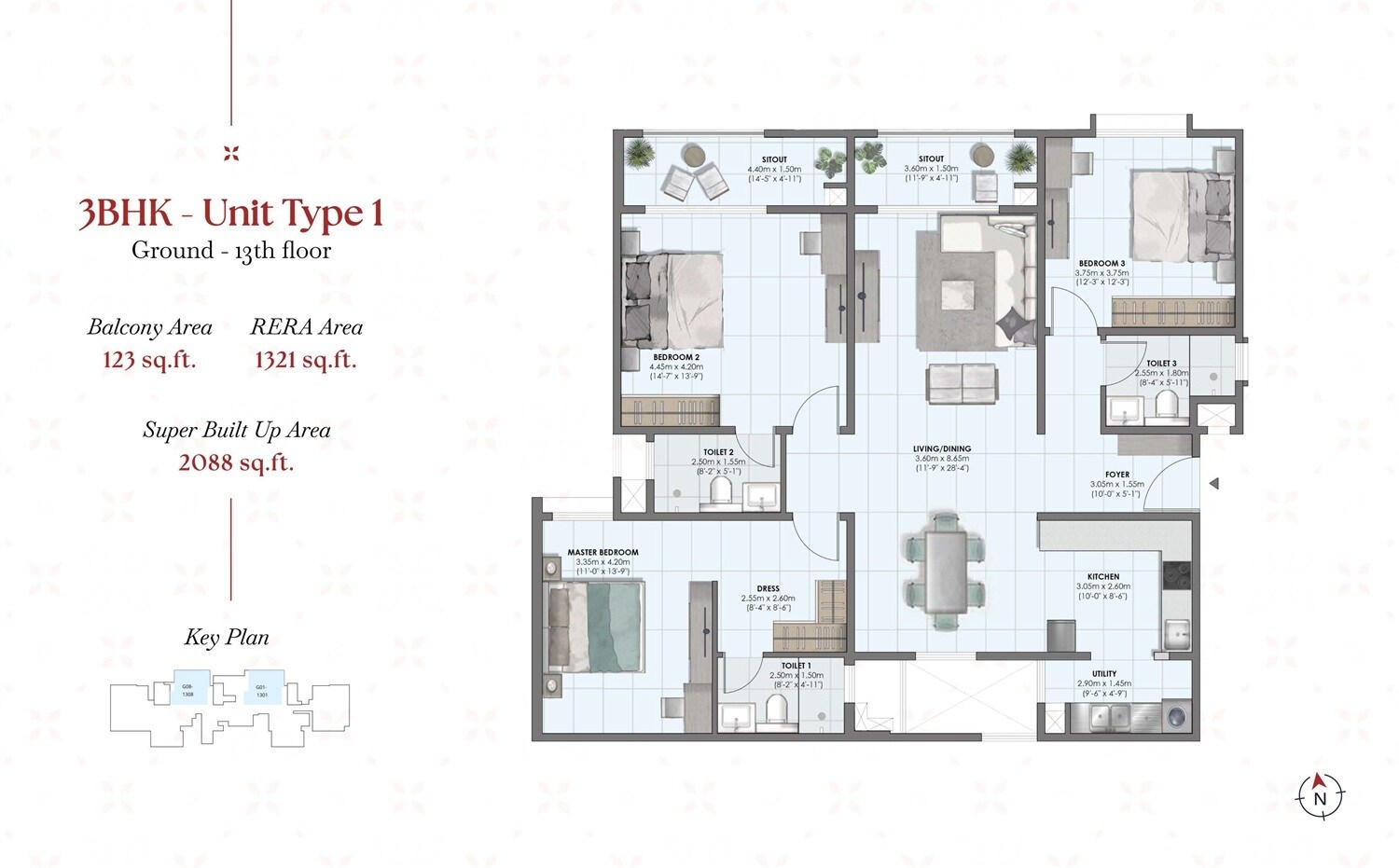 Floor plan of 3 BHK 2088 Sq. Ft. Apartment in Suyug Saffron, Bangalore