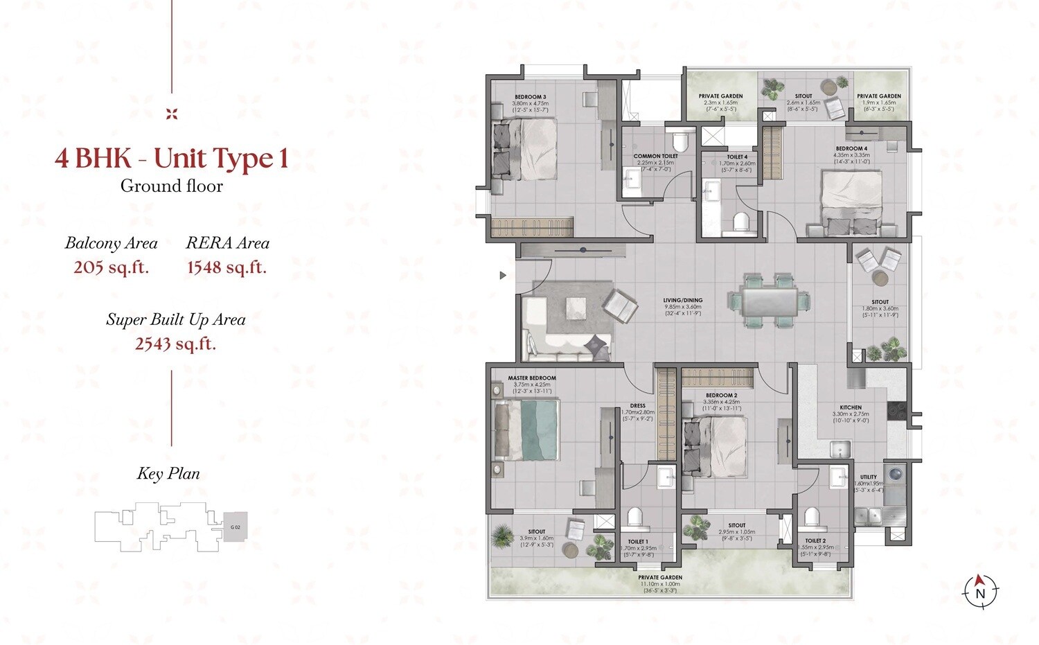 Floor plan of 4 BHK 2543 Sq. Ft. Apartment in Suyug Saffron, Bangalore