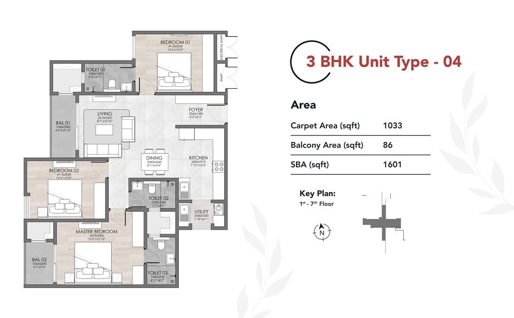 Floor plan of 3 BHK 1601 Sq. Ft. Apartment in Suyug The 1, Bangalore
