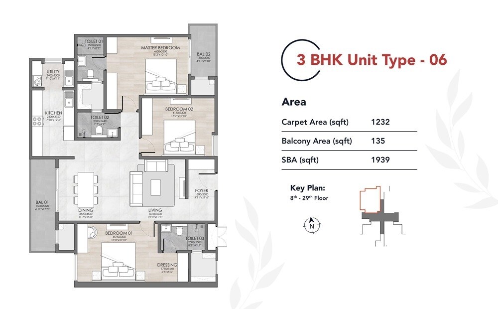 Floor plan of 3 BHK 1939 Sq. Ft. Apartment in Suyug The 1, Bangalore
