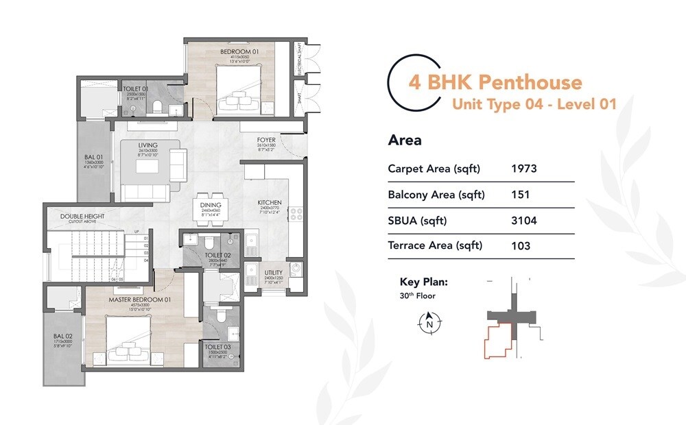 Floor plan of 4 BHK 3104 Sq. Ft. Penthouse in Suyug The 1, Bangalore