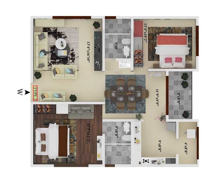 Floor plan of 2 BHK 1141 Sq. Ft. Apartment in SV Grandur, Bangalore