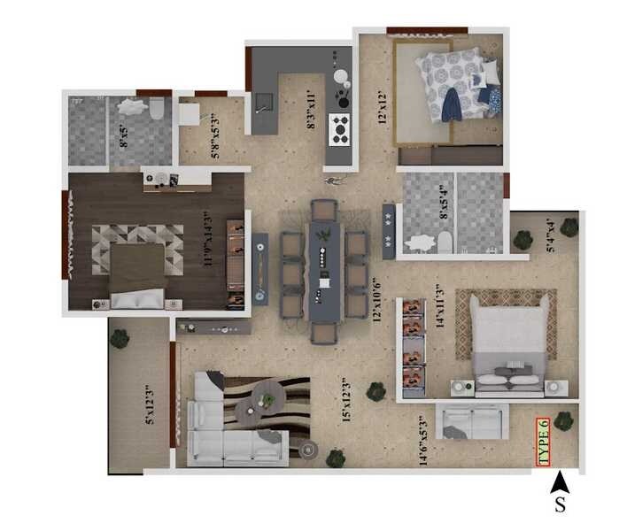 Floor plan of 3 BHK 1474 Sq. Ft. Apartment in SV Grandur, Bangalore