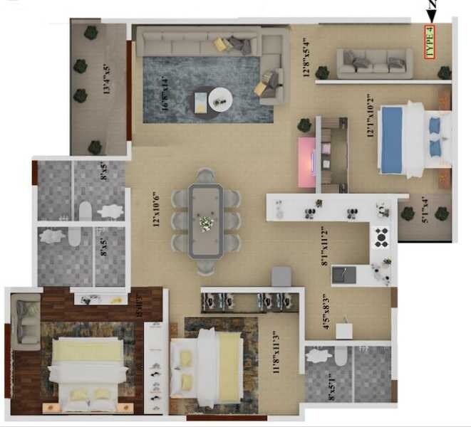 Floor plan of 3 BHK 1555 Sq. Ft. Apartment in SV Grandur, Bangalore