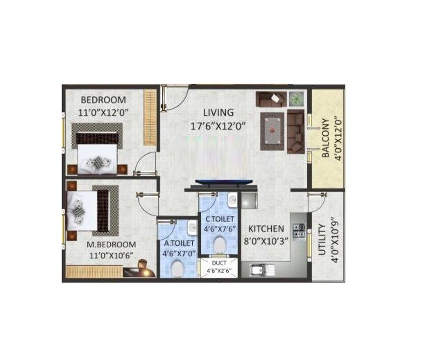 Floor plan of 2 BHK 1155 Sq. Ft. Apartment in SV Luxuria, Bangalore