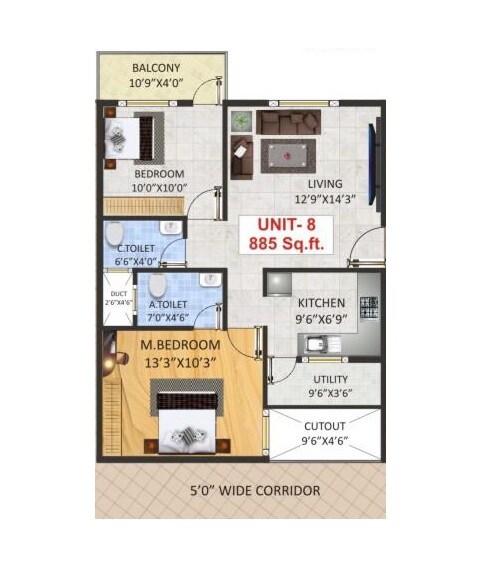 Floor plan of 2 BHK 885 Sq. Ft. Apartment in SV Luxuria, Bangalore