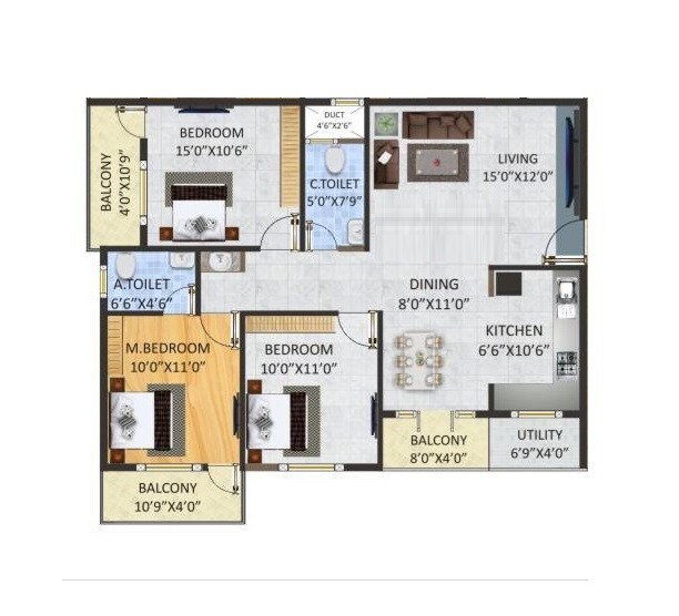 Floor plan of 3 BHK 1270 Sq. Ft. Apartment in SV Luxuria, Bangalore