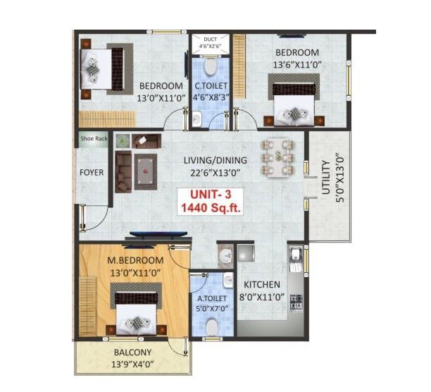 Floor plan of 3 BHK 1440 Sq. Ft. Apartment in SV Luxuria, Bangalore