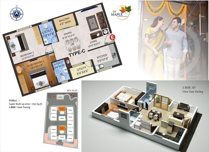 Floor plan of 2 BHK 1150 Sq. Ft. Apartment in SV Maple, Bangalore
