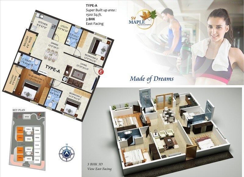 Floor plan of 3 BHK 1500 Sq. Ft. Apartment in SV Maple, Bangalore