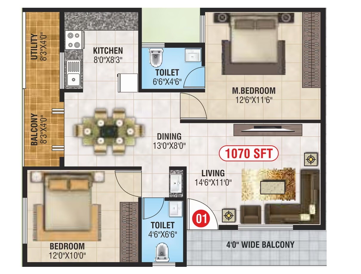 Floor plan of 2 BHK 1070 Sq. Ft. Apartment in SV Nest Apartment, Bangalore