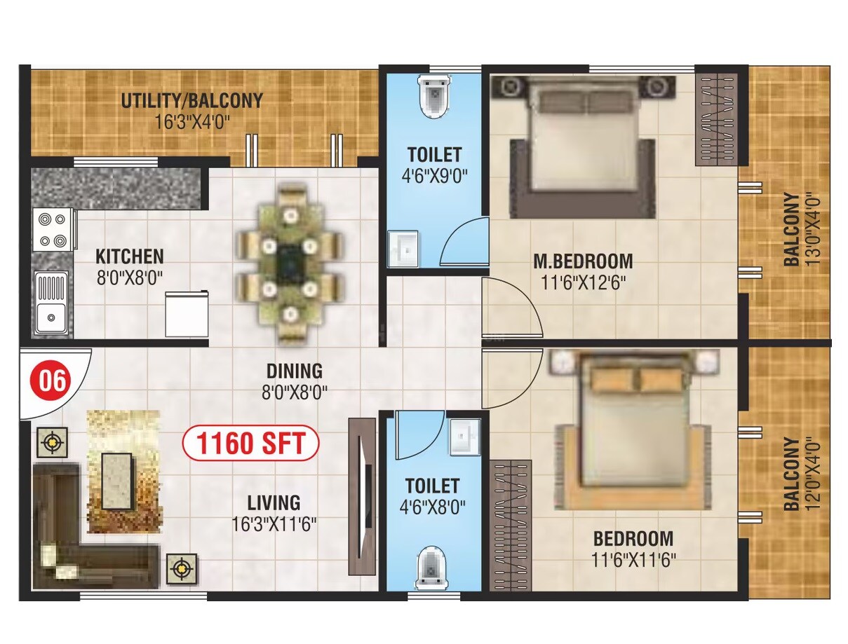 Floor plan of 2 BHK 1160 Sq. Ft. Apartment in SV Nest Apartment, Bangalore