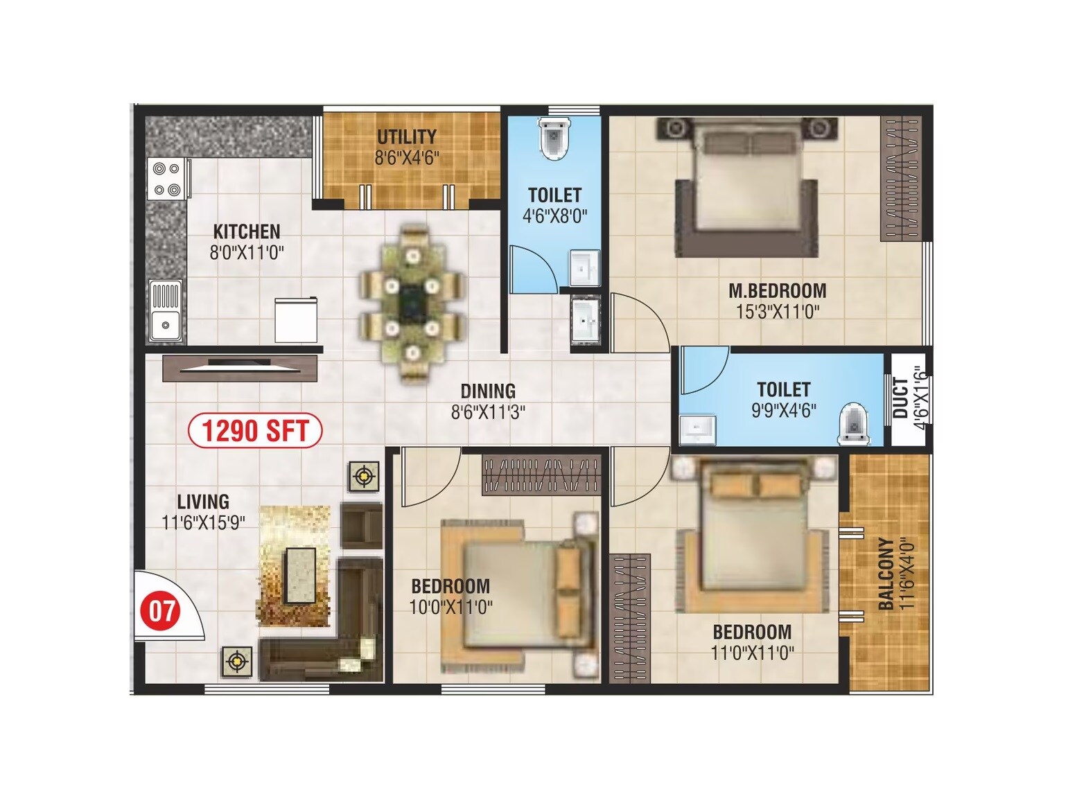 Floor plan of 3 BHK 1290 Sq. Ft. Apartment in SV Nest Apartment, Bangalore