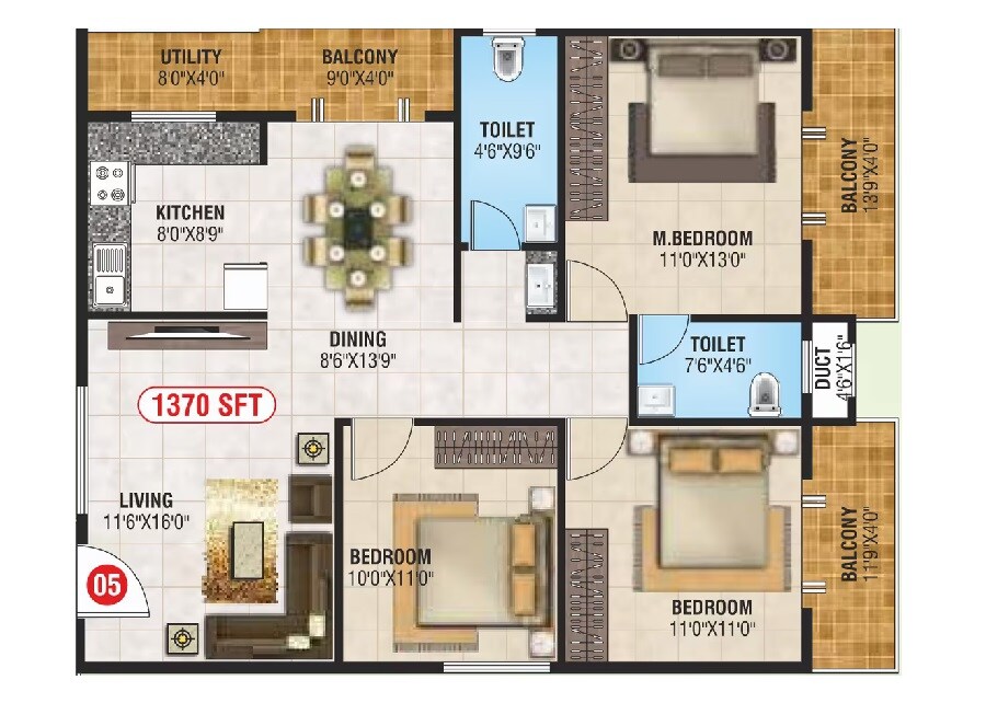 Floor plan of 3 BHK 1370 Sq. Ft. Apartment in SV Nest Apartment, Bangalore