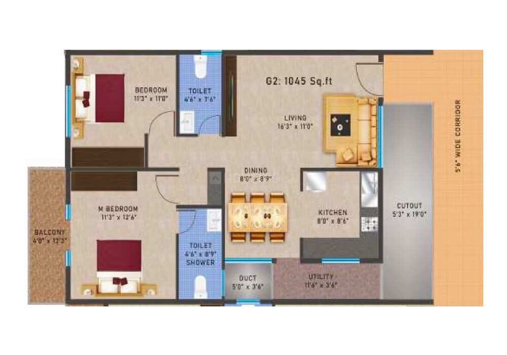 Floor plan of 2 BHK 1045 Sq. Ft. Apartment in SV Paradise RR Nagar, Bangalore