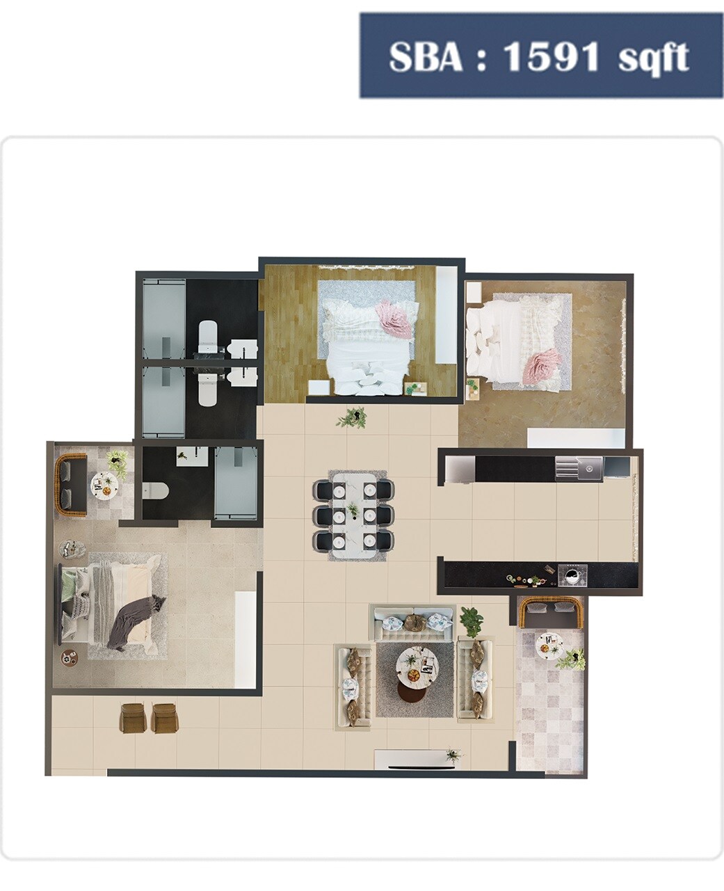 Floor plan of 3 BHK 1591 Sq. Ft. Apartment in SV Polaris, Bangalore