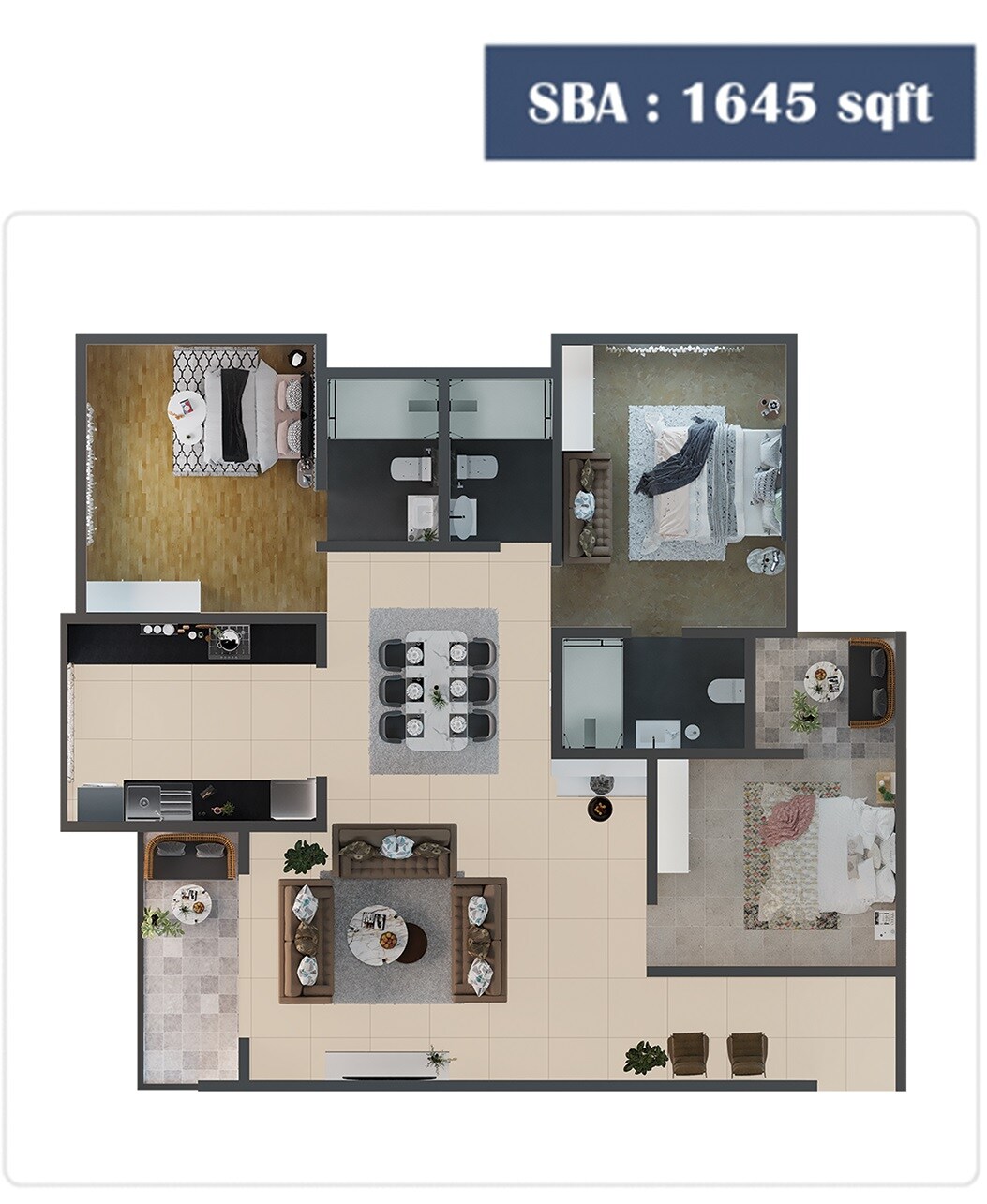 Floor plan of 3 BHK 1645 Sq. Ft. Apartment in SV Polaris, Bangalore