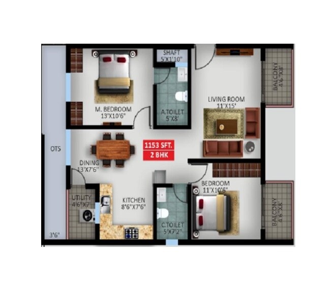 Floor plan of 2 BHK 1153 Sq. Ft. Apartment in SV Prime Whitefield, Bangalore