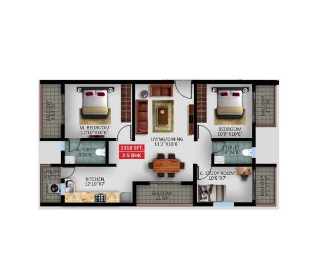 Floor plan of 2 BHK 1318 Sq. Ft. Apartment in SV Prime Whitefield, Bangalore