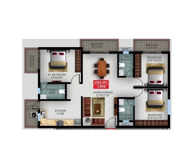 Floor plan of 3 BHK 1502 Sq. Ft. Apartment in SV Prime Whitefield, Bangalore