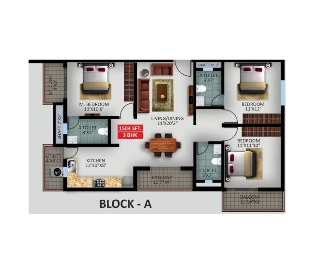 Floor plan of 3 BHK 1504 Sq. Ft. Apartment in SV Prime Whitefield, Bangalore