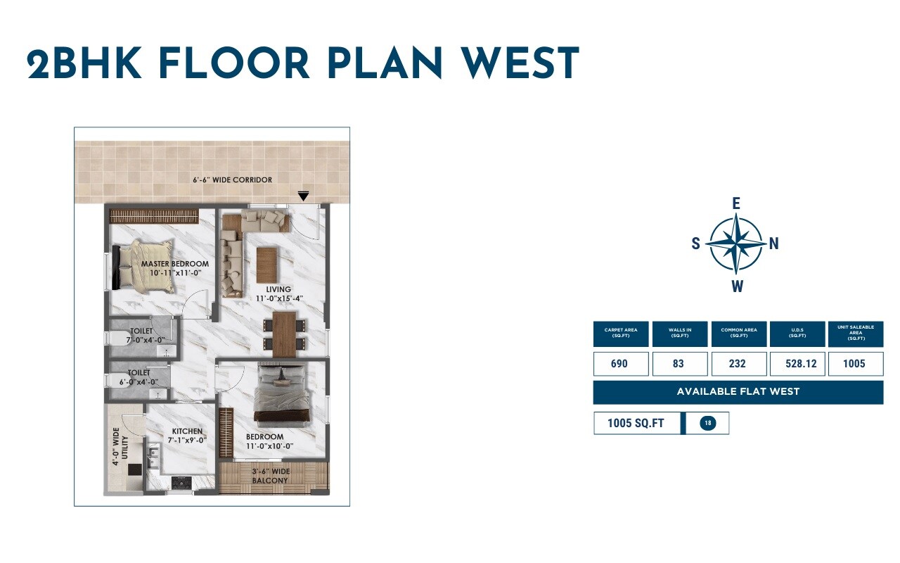 Floor plan of 2 BHK 1005 Sq. Ft. Apartment in SV Skyline Haven, Bangalore