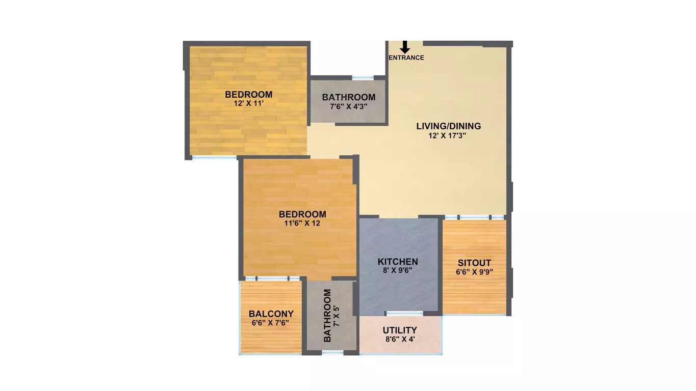 Floor plan of 2 BHK 1160 Sq. Ft. Apartment in SV Spring Woods, Bangalore