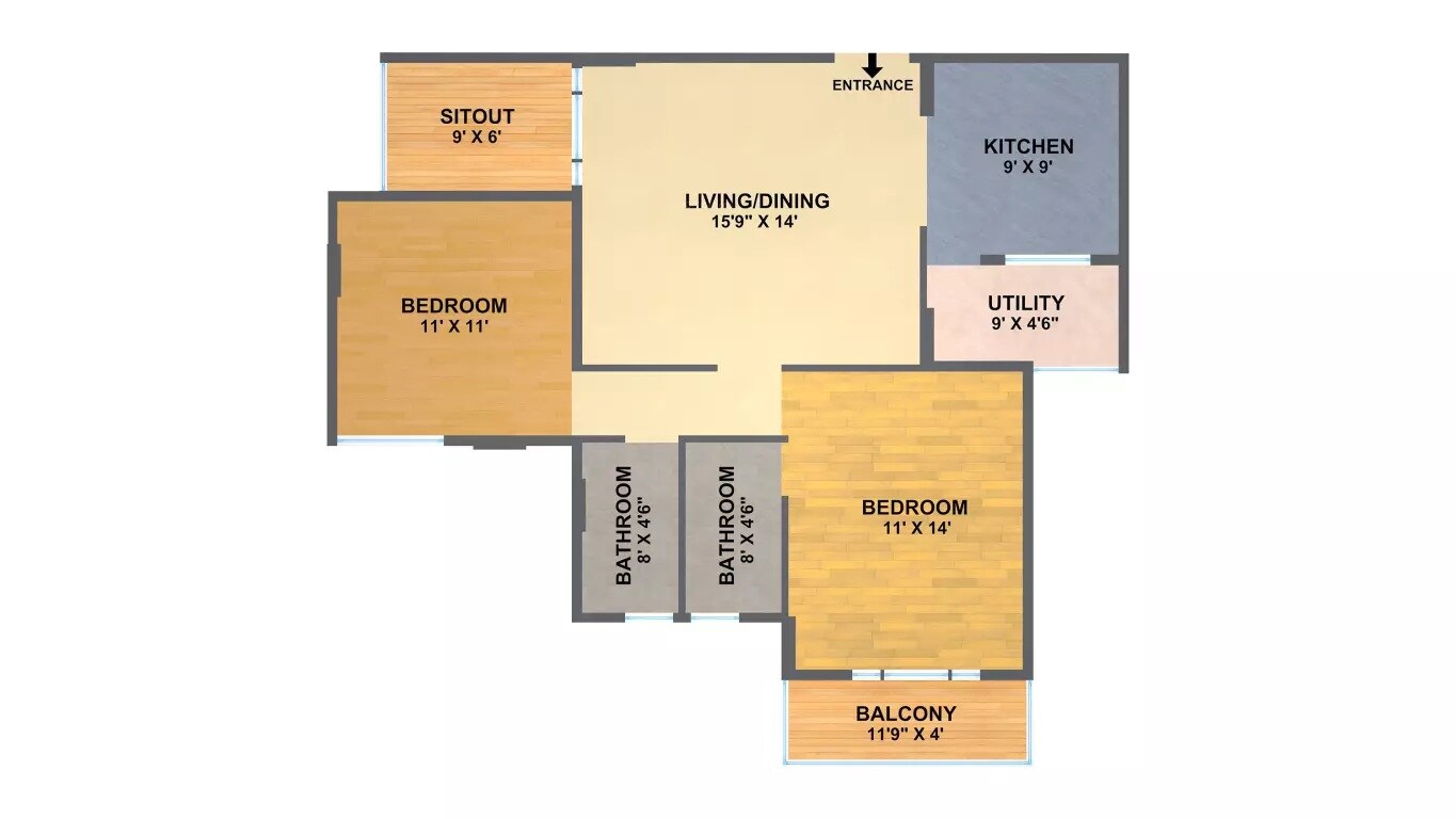 Floor plan of 2 BHK 1215 Sq. Ft. Apartment in SV Spring Woods, Bangalore