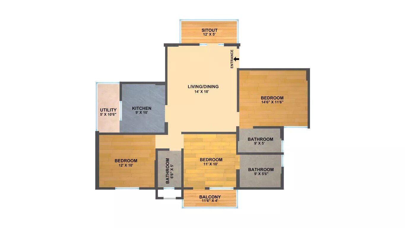 Floor plan of 3 BHK 1470 Sq. Ft. Apartment in SV Spring Woods, Bangalore