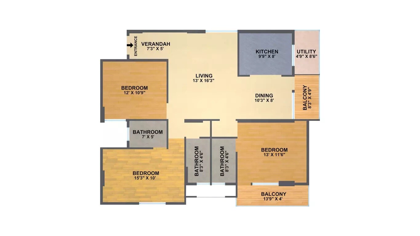 Floor plan of 3 BHK 1600 Sq. Ft. Apartment in SV Spring Woods, Bangalore