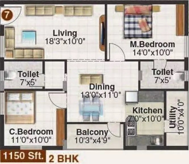 Floor plan of 2 BHK 1150 Sq. Ft. Apartment in SV Vrushabadri Willows, Bangalore