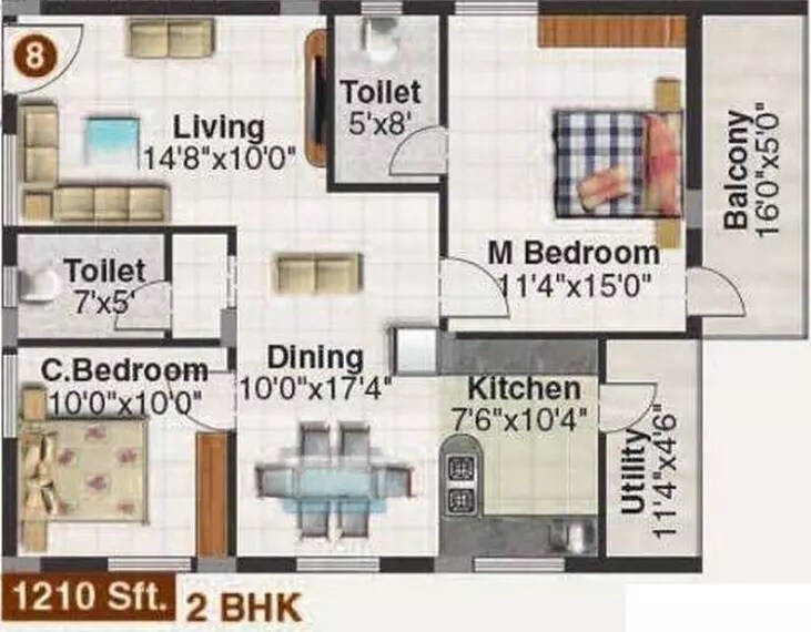 Floor plan of 2 BHK 1210 Sq. Ft. Apartment in SV Vrushabadri Willows, Bangalore