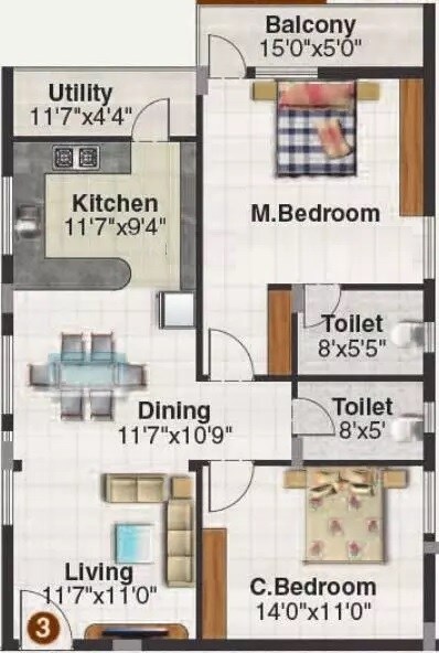 Floor plan of 2 BHK 1330 Sq. Ft. Apartment in SV Vrushabadri Willows, Bangalore