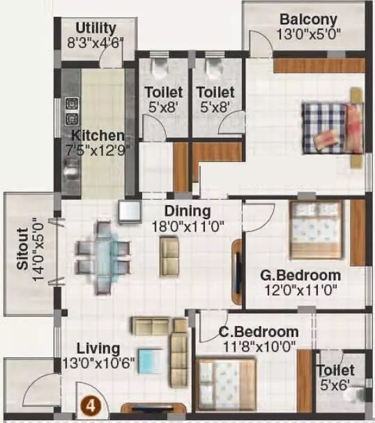 Floor plan of 3 BHK 1690 Sq. Ft. Apartment in SV Vrushabadri Willows, Bangalore