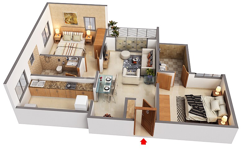 Floor plan of 2 BHK 1015 Sq. Ft. Apartment in Svamitva Emerald Square, Bangalore