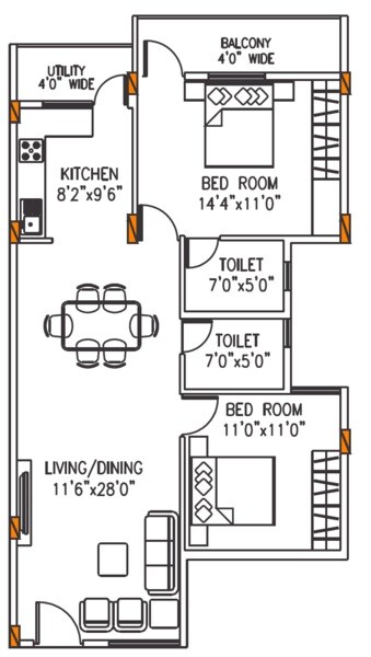 Floor plan of 2 BHK Apartment - 1080 sq. ft. in SVC Classic, Bangalore